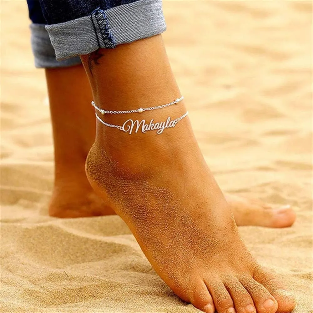 Personalized Name Ankle Bracelet for Women Custom Layered Name Anklet with Initials 18K Gold Plated Graduation Gift Customized Anklets for Women 8.7-10.7