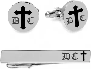 Personalized Silver Cross Cufflinks & Tie Clip Set Custom Engraved Free - Ships From USA
