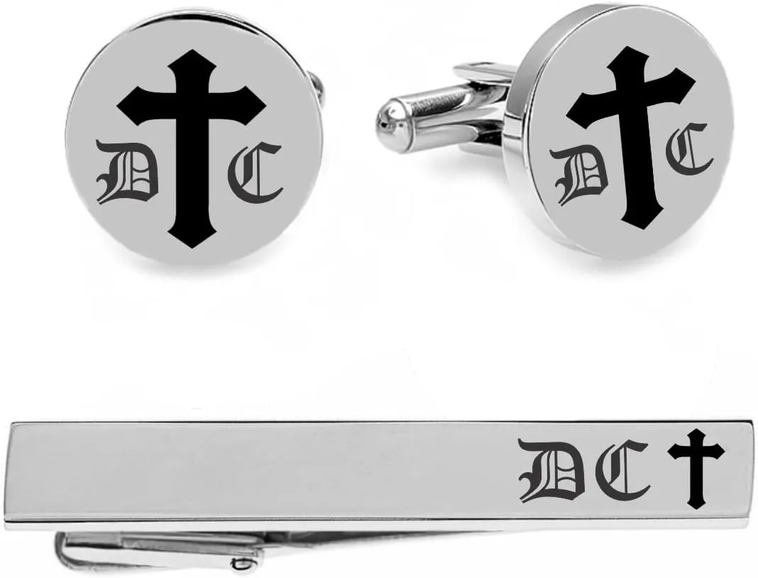 Personalized Silver Cross Cufflinks & Tie Clip Set Custom Engraved Free - Ships From USA