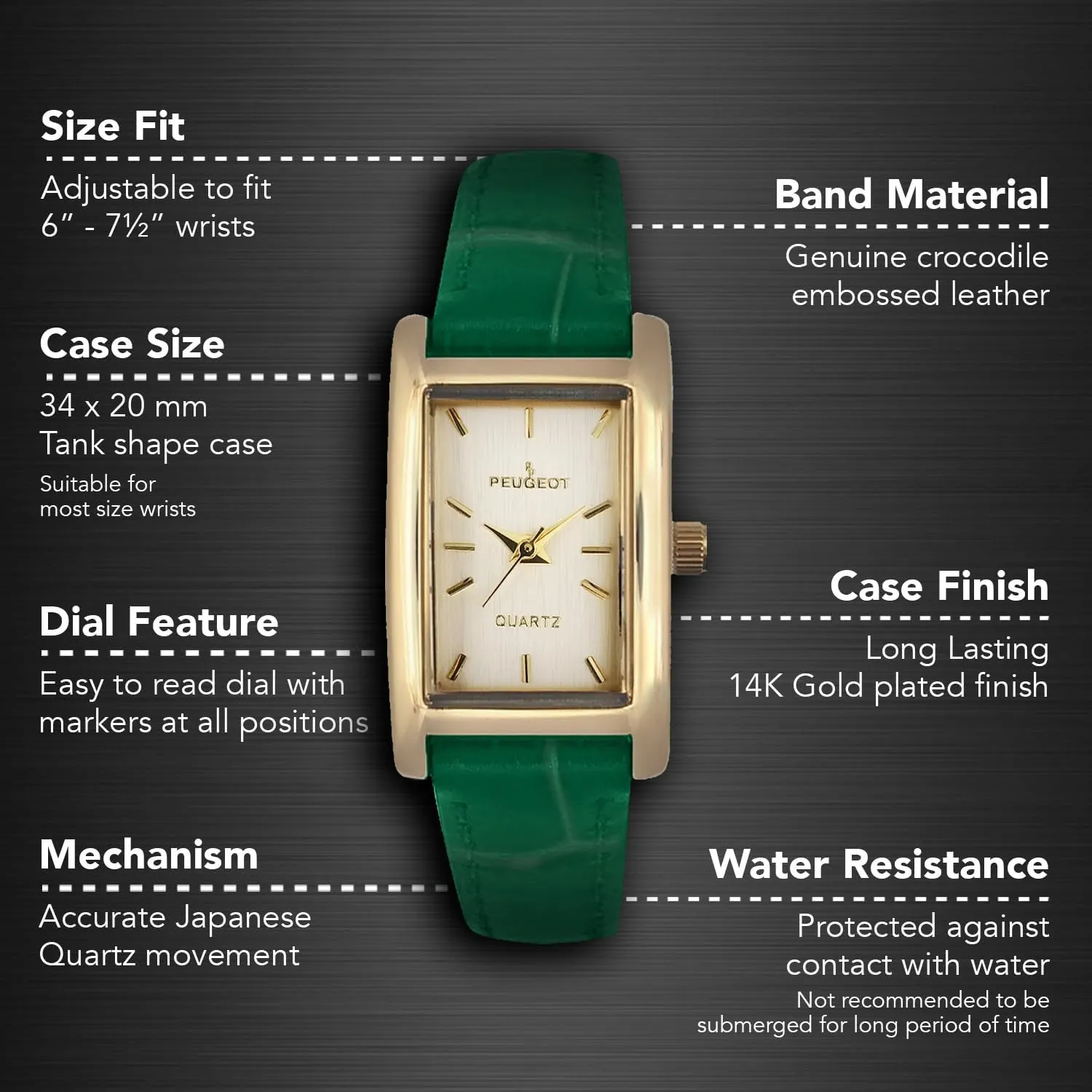 Peugeot Women's Classic 14Kt Gold Plated Watch, Rectangular Tank Shape Case with Leather Band and Easy to Read Dial