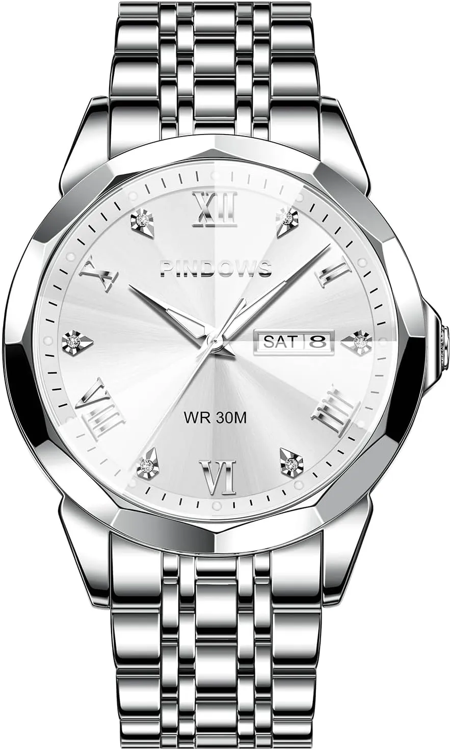 PINDOWS Watches for Men Diamond Date Calendar Quartz Watches Analog Stainless Steel Waterproof Luminous Two Tone Business Watch