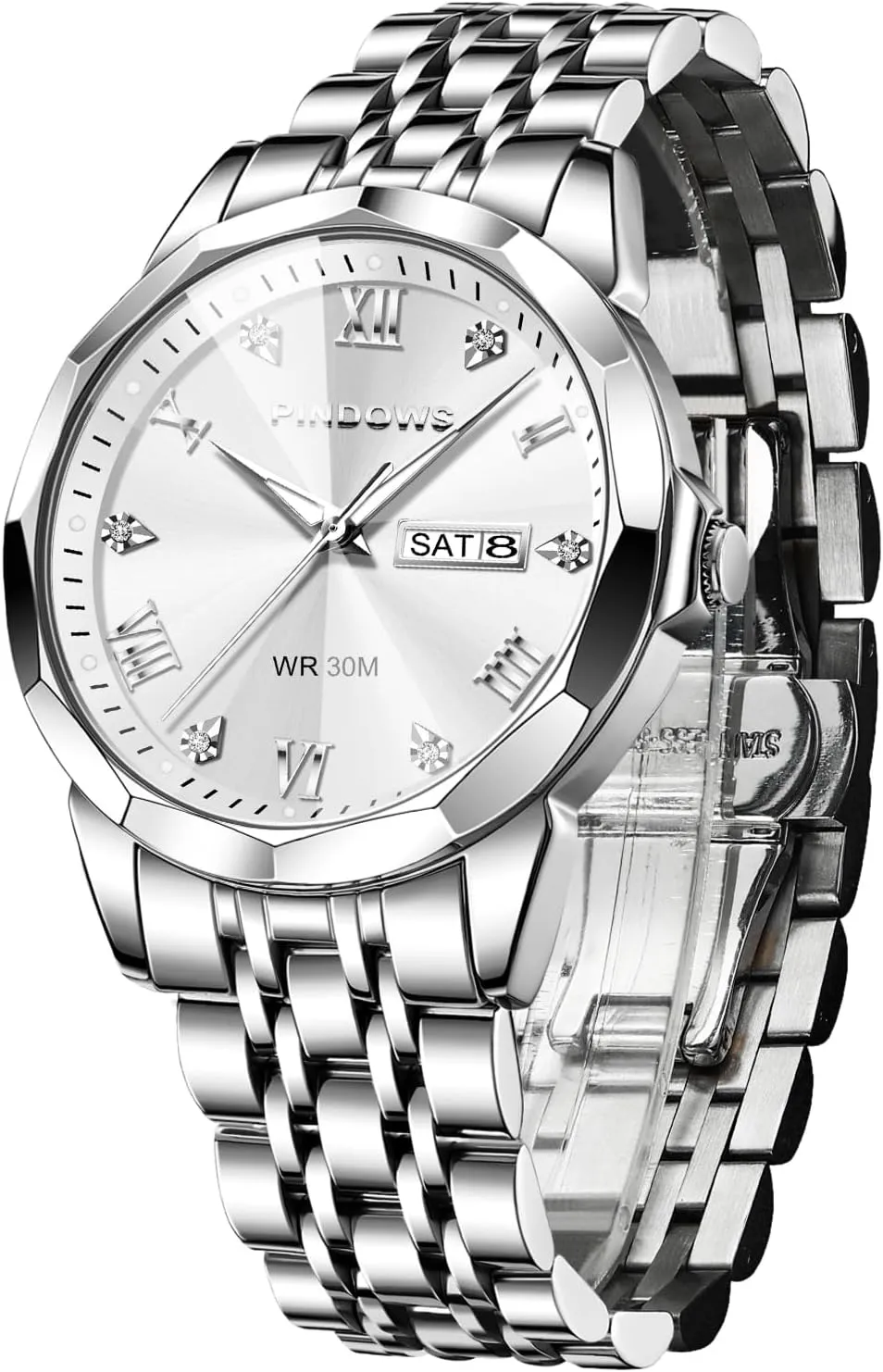 PINDOWS Watches for Men Diamond Date Calendar Quartz Watches Analog Stainless Steel Waterproof Luminous Two Tone Business Watch