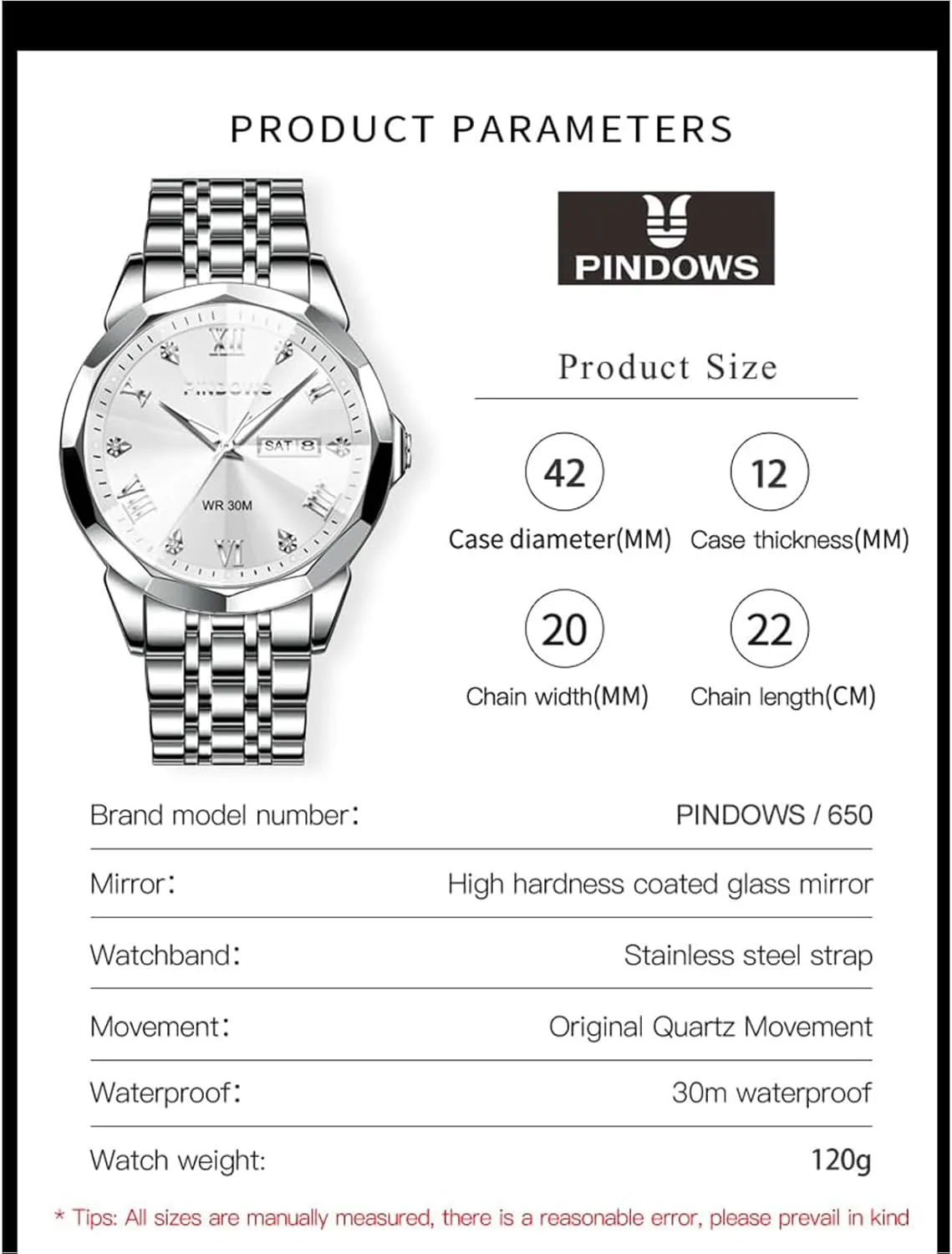 PINDOWS Watches for Men Diamond Date Calendar Quartz Watches Analog Stainless Steel Waterproof Luminous Two Tone Business Watch