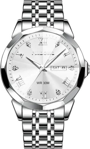PINDOWS Watches for Men Diamond Date Calendar Quartz Watches Analog Stainless Steel Waterproof Luminous Two Tone Business Watch