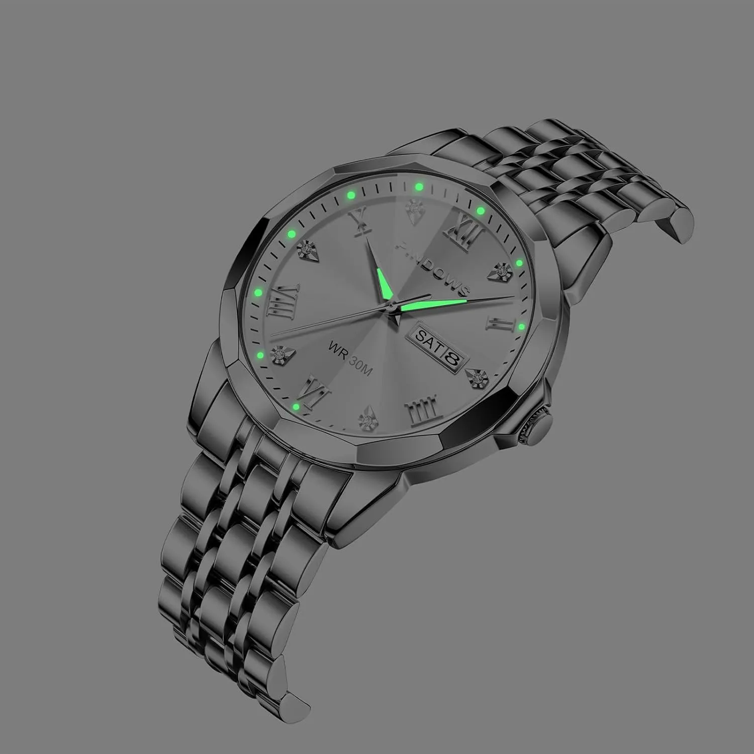 PINDOWS Watches for Men Diamond Date Calendar Quartz Watches Analog Stainless Steel Waterproof Luminous Two Tone Business Watch