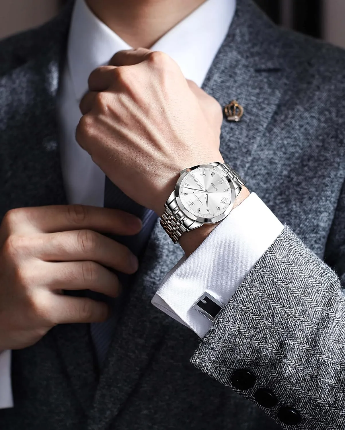 PINDOWS Watches for Men Diamond Date Calendar Quartz Watches Analog Stainless Steel Waterproof Luminous Two Tone Business Watch
