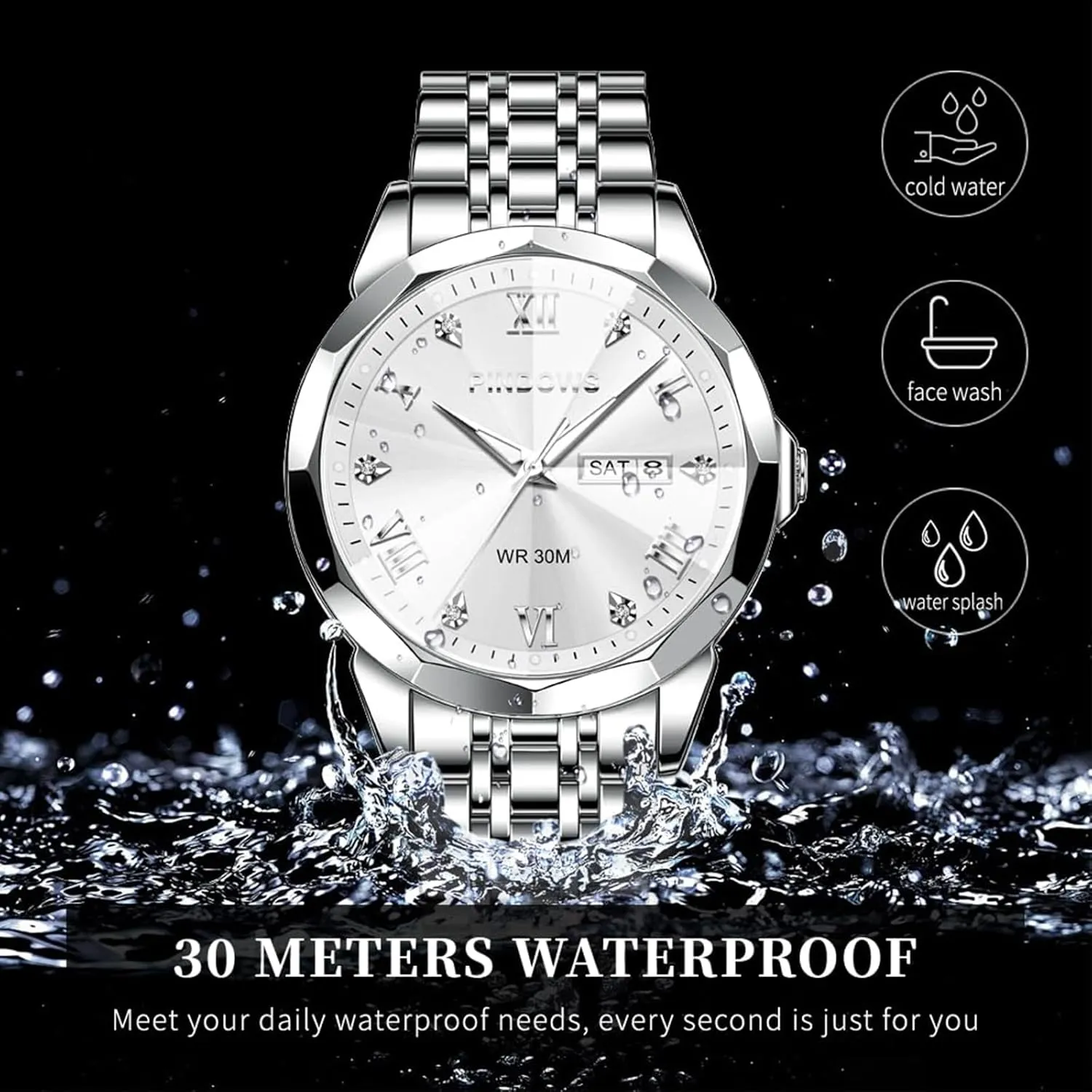 PINDOWS Watches for Men Diamond Date Calendar Quartz Watches Analog Stainless Steel Waterproof Luminous Two Tone Business Watch