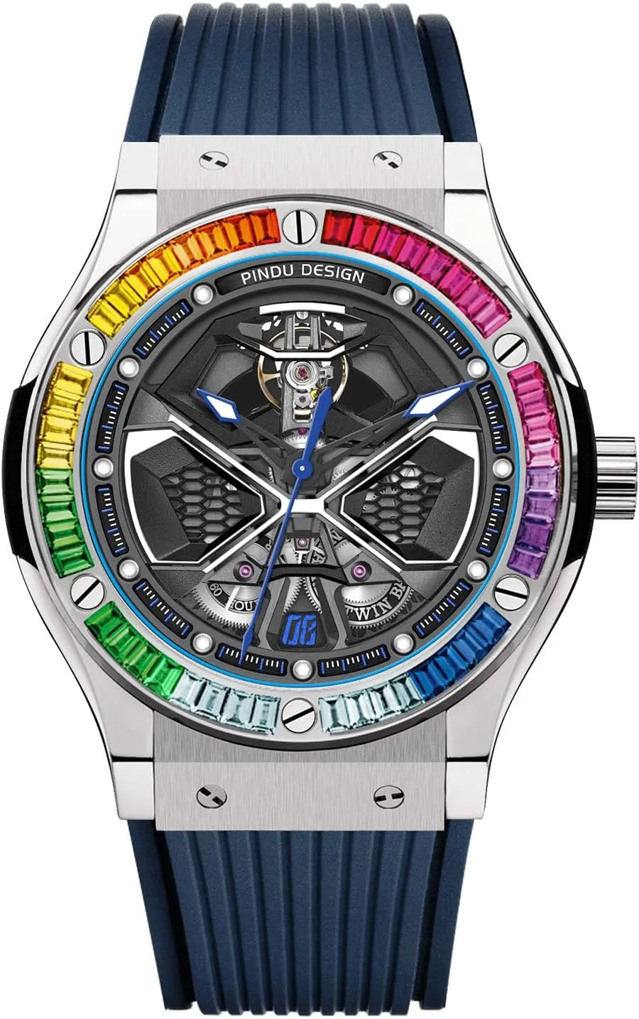 PINDU Automatic Watches for Men, Skeleton Watches for Men Analog Tourbillon Watch Wandering Earth Series Colored Rhinestone Mechanical Watch Blue Silicone Strap