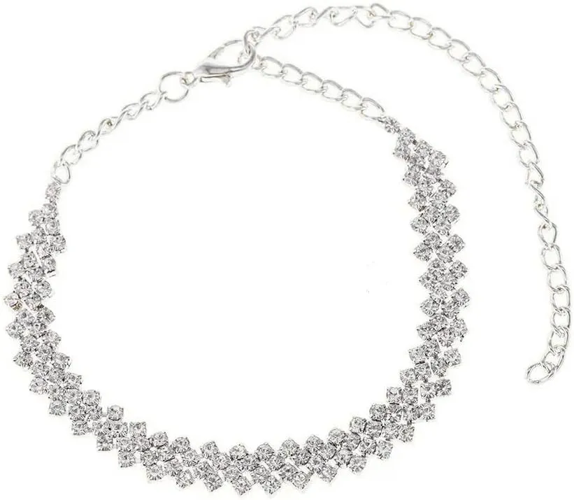 Pingyongchang Heart Rhinestone Ankle Bracelets for Women, Adjustable Silver Shiny Tennis Anklets,Stretch Love Twinkle Cubic Zircon Diamond Anklet Foot Chain Jewelry Gifts