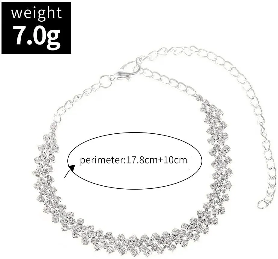 Pingyongchang Heart Rhinestone Ankle Bracelets for Women, Adjustable Silver Shiny Tennis Anklets,Stretch Love Twinkle Cubic Zircon Diamond Anklet Foot Chain Jewelry Gifts