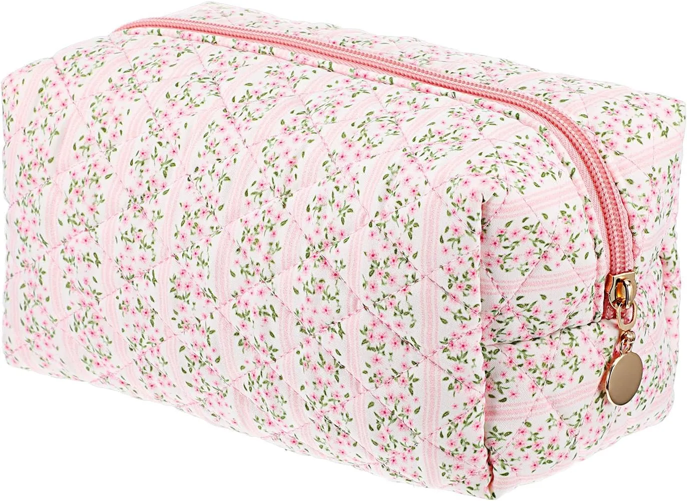 Pink Cotton Quilted Makeup Bags for Women, Floral Travel Cosmetic Bag Zipper Make Up Pouch, Portable Storage Cosmetic Travel Cloth Bag Toiletry Organizer for Girls Daily Use Skincare