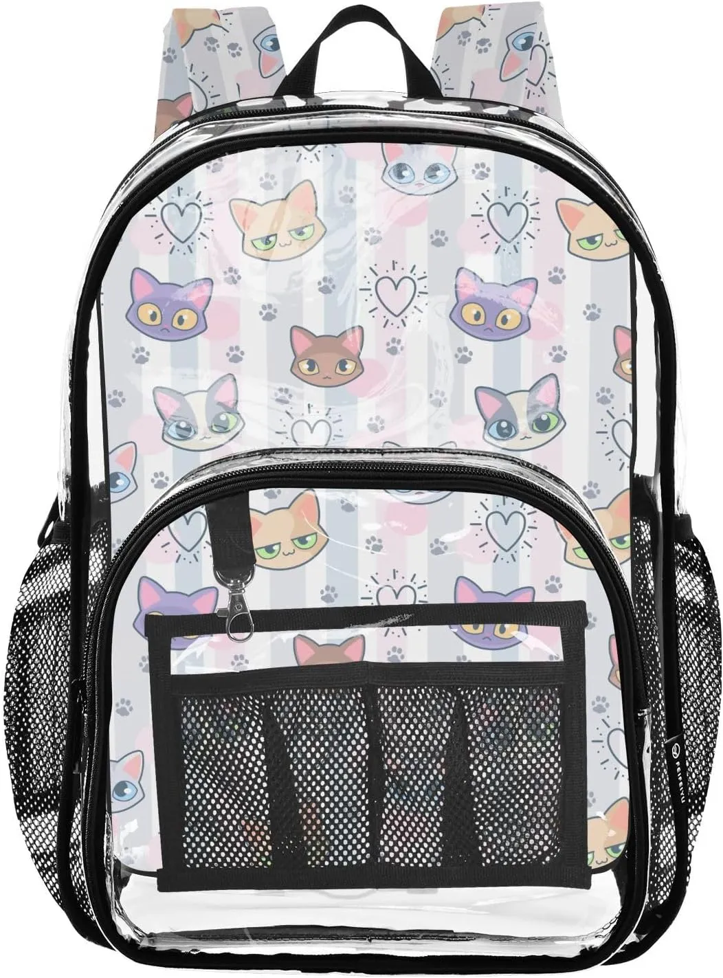 Pink Grey Stripes Cats Clear Backpack Transparent Bag for Girls Boys Kids Backpacks See Through Bookbag Plastic Daypack for Teens Students Women Men Travel
