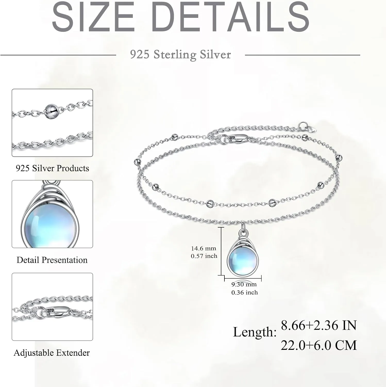 POPLYKE Frog/Dragonfly/Ladybug/Highland Cow/Pearl/Moonstone Anklets Sterling Silver Double Layered Chain Beach Anklets for Women Foot Jewelry