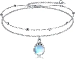 POPLYKE Frog/Dragonfly/Ladybug/Highland Cow/Pearl/Moonstone Anklets Sterling Silver Double Layered Chain Beach Anklets for Women Foot Jewelry