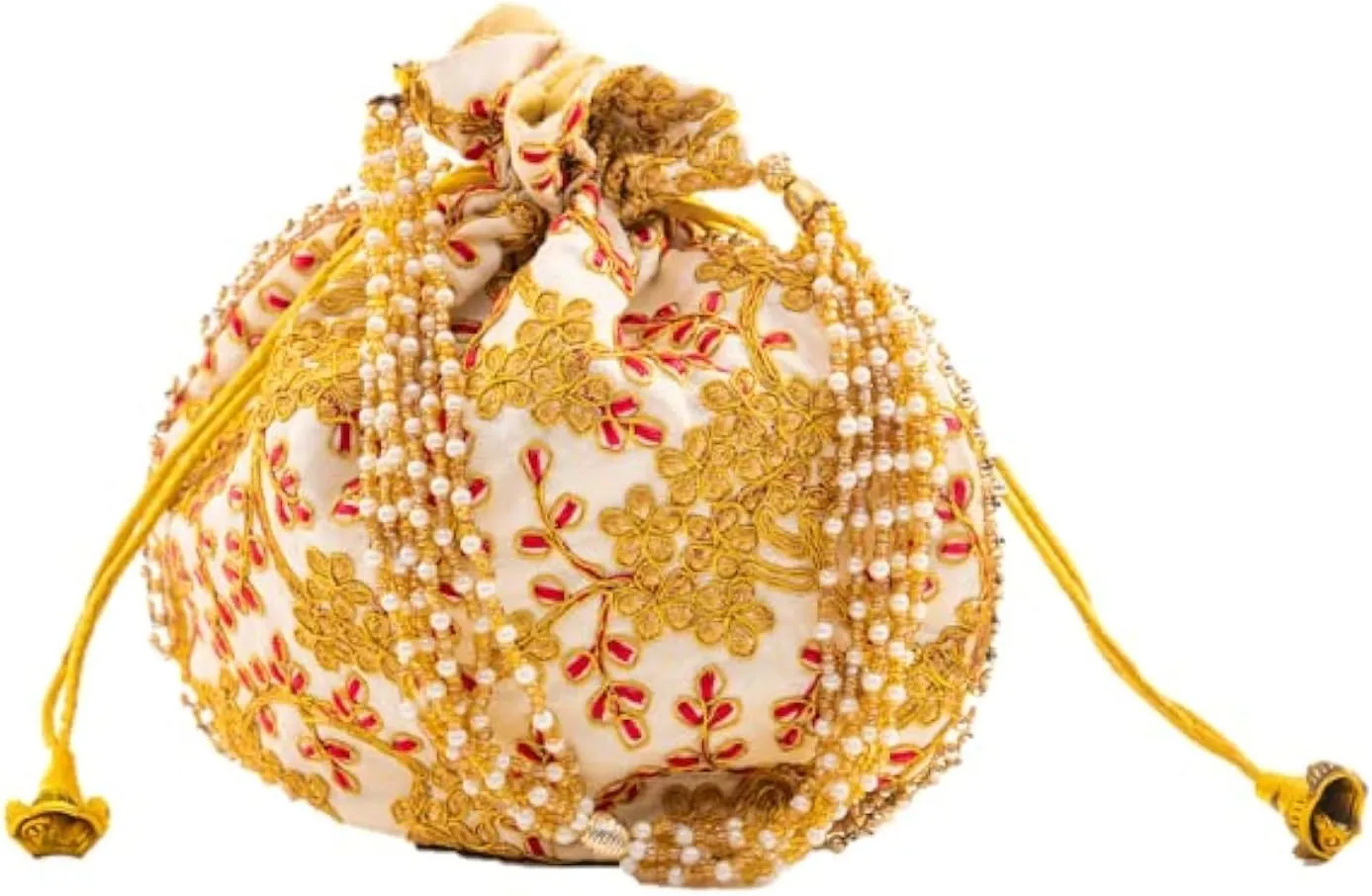 Potli Clutch Batawa Bag Purse Embroidered Embellished Handmade Traditional Ethnic Golden Work Wedding Wristlet Ladies Handbag for Girls Women for Party Wedding Special Occasion and Gifting (Off White)