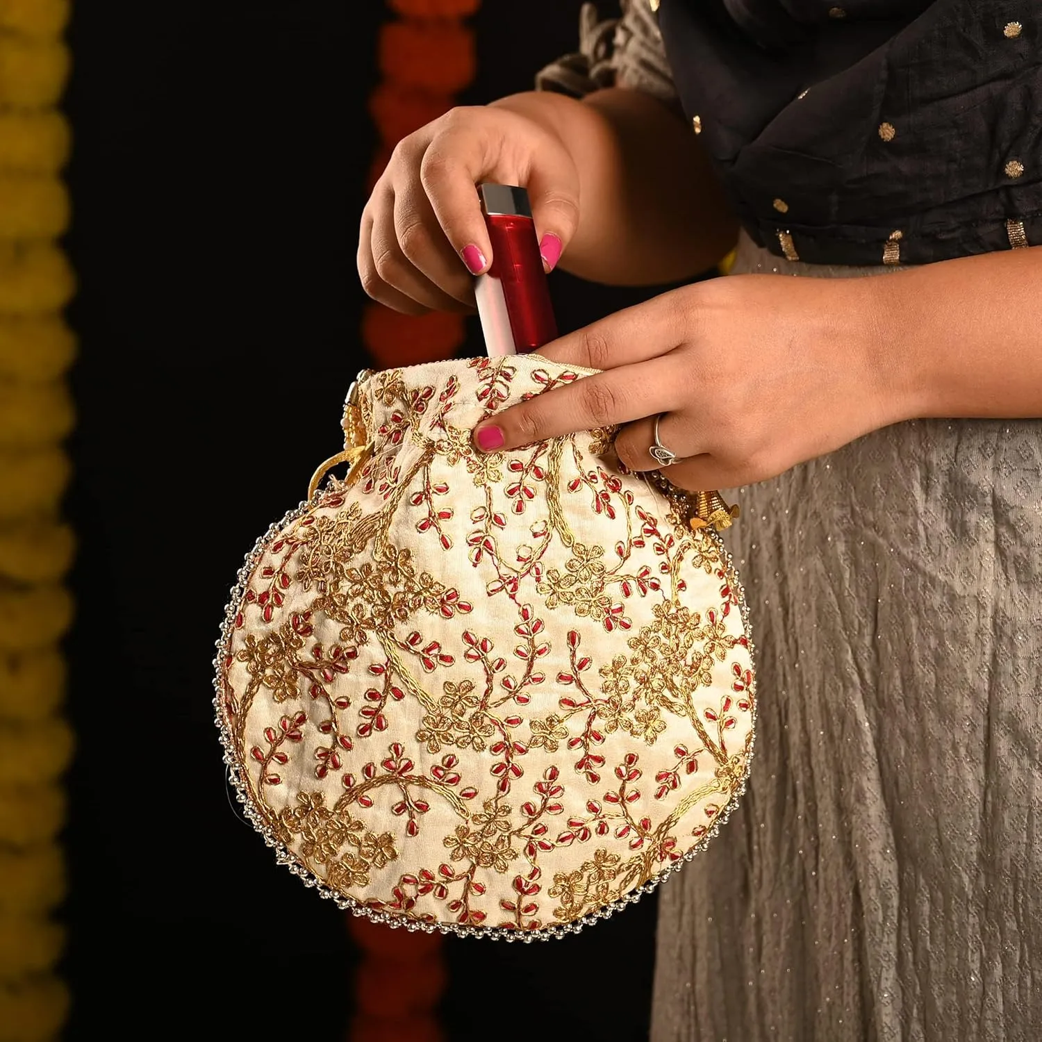 Potli Clutch Batawa Bag Purse Embroidered Embellished Handmade Traditional Ethnic Golden Work Wedding Wristlet Ladies Handbag for Girls Women for Party Wedding Special Occasion and Gifting (Off White)