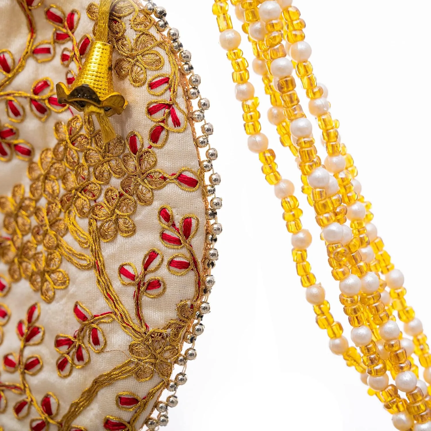 Potli Clutch Batawa Bag Purse Embroidered Embellished Handmade Traditional Ethnic Golden Work Wedding Wristlet Ladies Handbag for Girls Women for Party Wedding Special Occasion and Gifting (Off White)