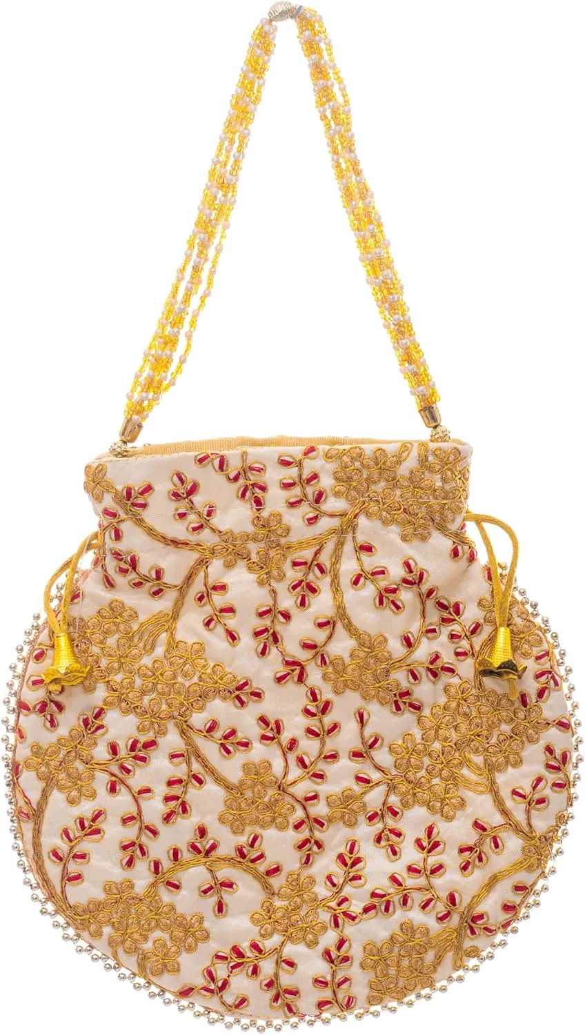 Potli Clutch Batawa Bag Purse Embroidered Embellished Handmade Traditional Ethnic Golden Work Wedding Wristlet Ladies Handbag for Girls Women for Party Wedding Special Occasion and Gifting (Off White)