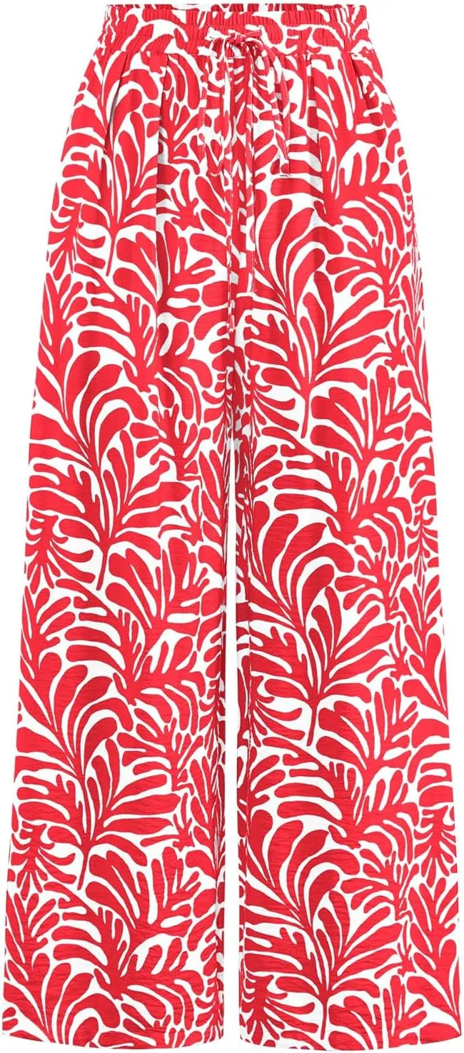 PRETTYGARDEN Womens Pants Elastic Waist Floral Lightweight Palazzo Pants for Women Casual Lounge Wide Leg Pants Woman