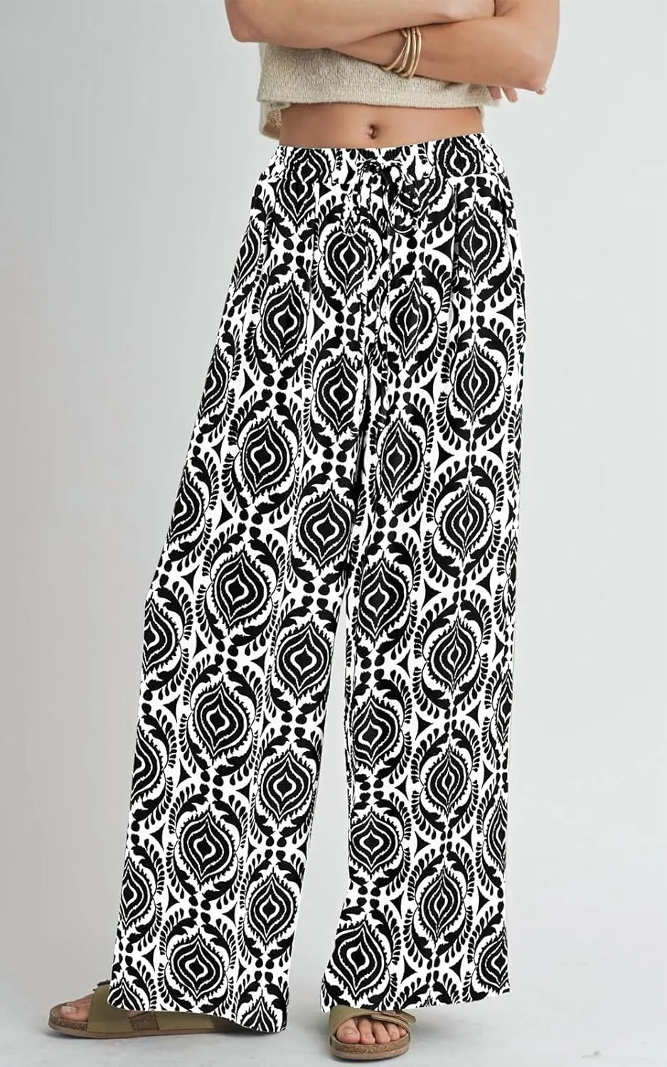 PRETTYGARDEN Womens Pants Elastic Waist Floral Lightweight Palazzo Pants for Women Casual Lounge Wide Leg Pants Woman