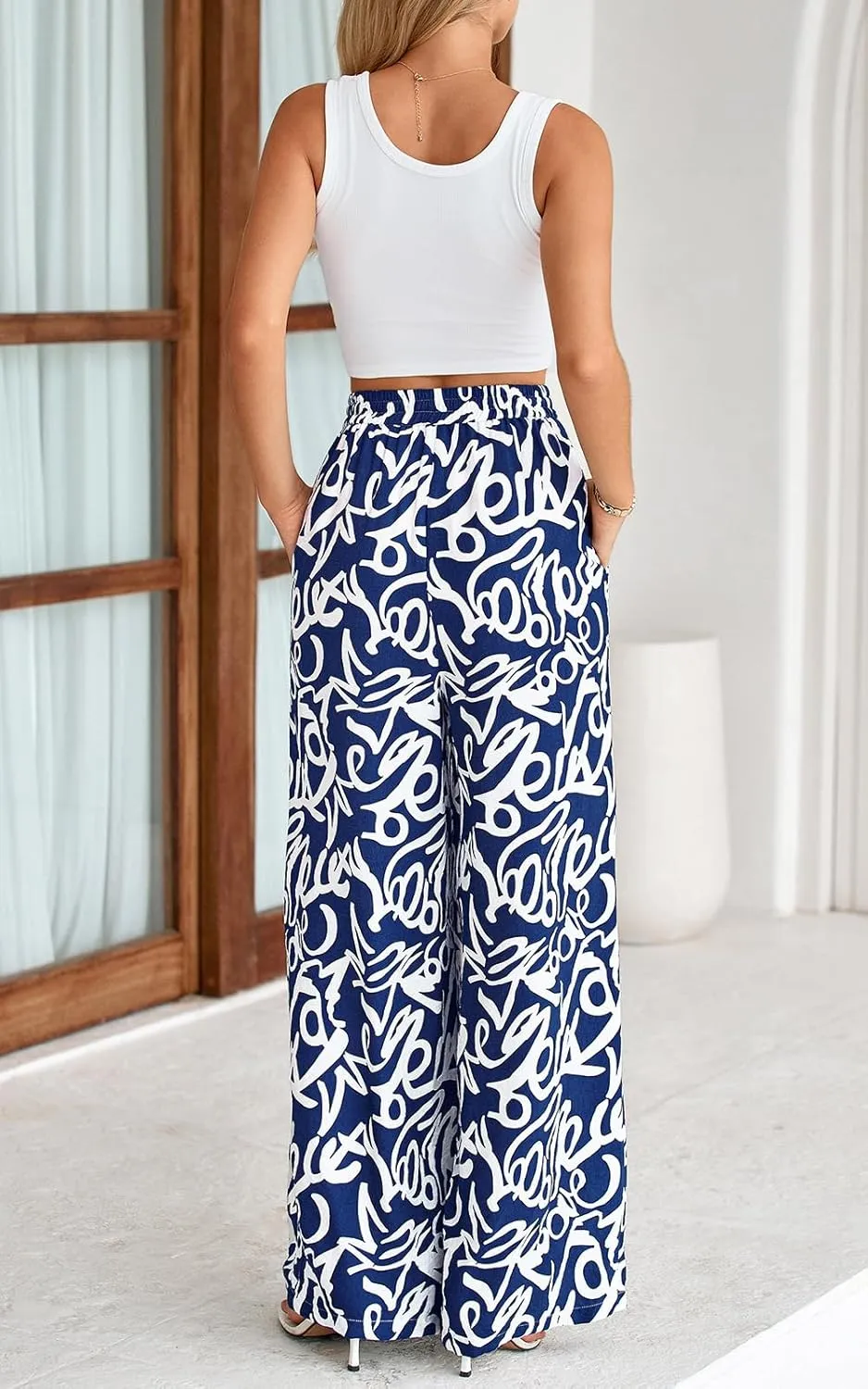 PRETTYGARDEN Womens Pants Elastic Waist Floral Lightweight Palazzo Pants for Women Casual Lounge Wide Leg Pants Woman