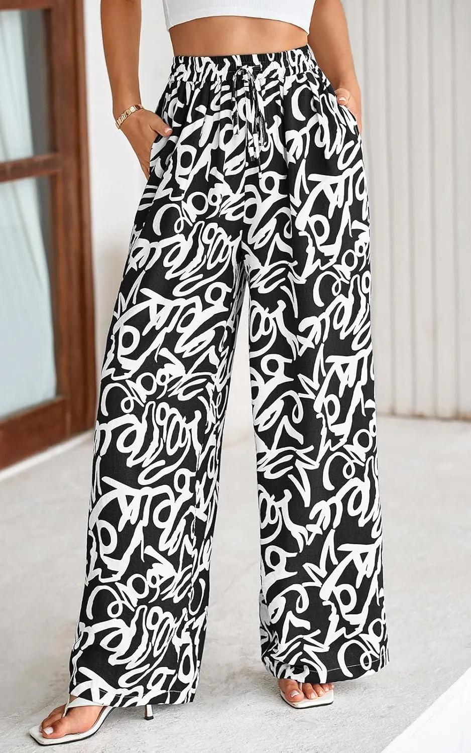 PRETTYGARDEN Womens Pants Elastic Waist Floral Lightweight Palazzo Pants for Women Casual Lounge Wide Leg Pants Woman