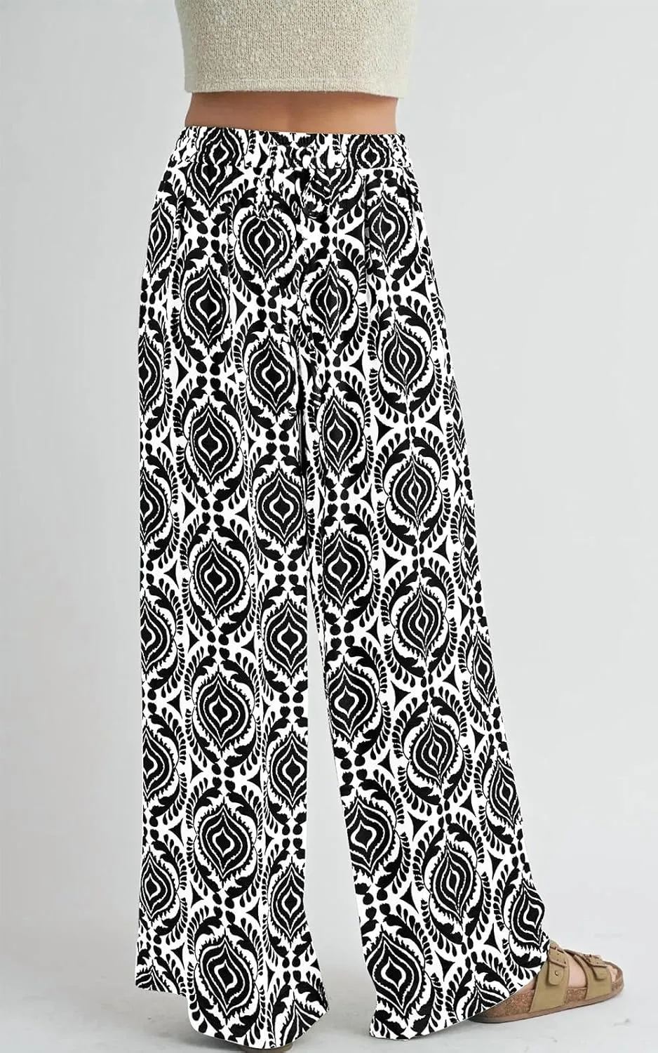 PRETTYGARDEN Womens Pants Elastic Waist Floral Lightweight Palazzo Pants for Women Casual Lounge Wide Leg Pants Woman