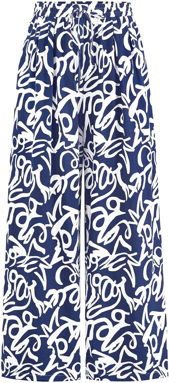 PRETTYGARDEN Womens Pants Elastic Waist Floral Lightweight Palazzo Pants for Women Casual Lounge Wide Leg Pants Woman