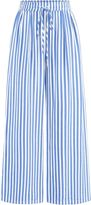 PRETTYGARDEN Womens Pants Elastic Waist Floral Lightweight Palazzo Pants for Women Casual Lounge Wide Leg Pants Woman