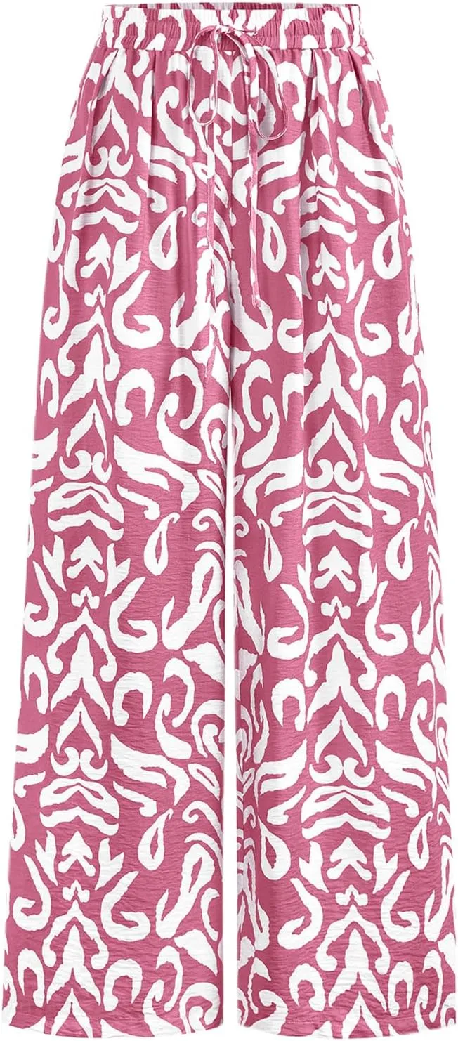 PRETTYGARDEN Womens Pants Elastic Waist Floral Lightweight Palazzo Pants for Women Casual Lounge Wide Leg Pants Woman