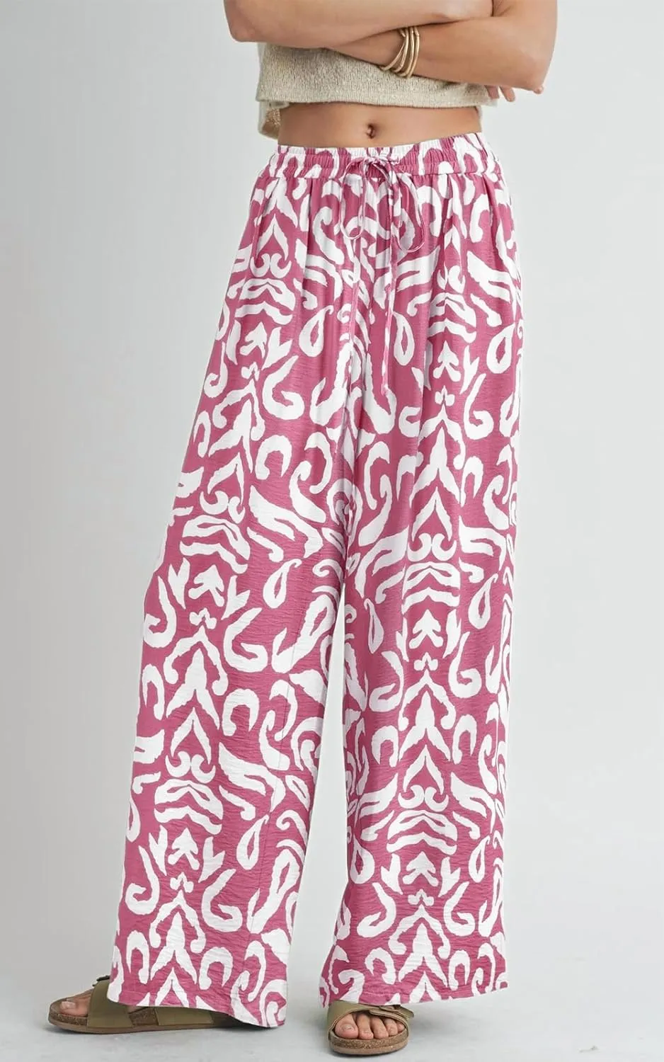 PRETTYGARDEN Womens Pants Elastic Waist Floral Lightweight Palazzo Pants for Women Casual Lounge Wide Leg Pants Woman