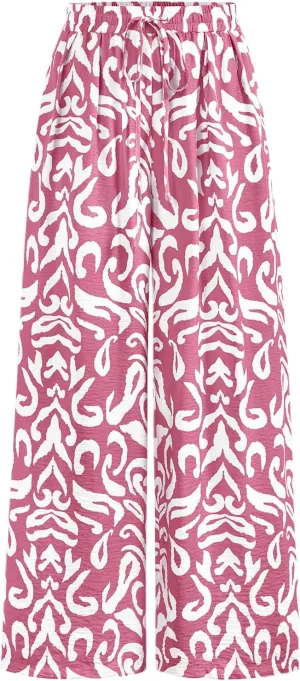 PRETTYGARDEN Womens Pants Elastic Waist Floral Lightweight Palazzo Pants for Women Casual Lounge Wide Leg Pants Woman