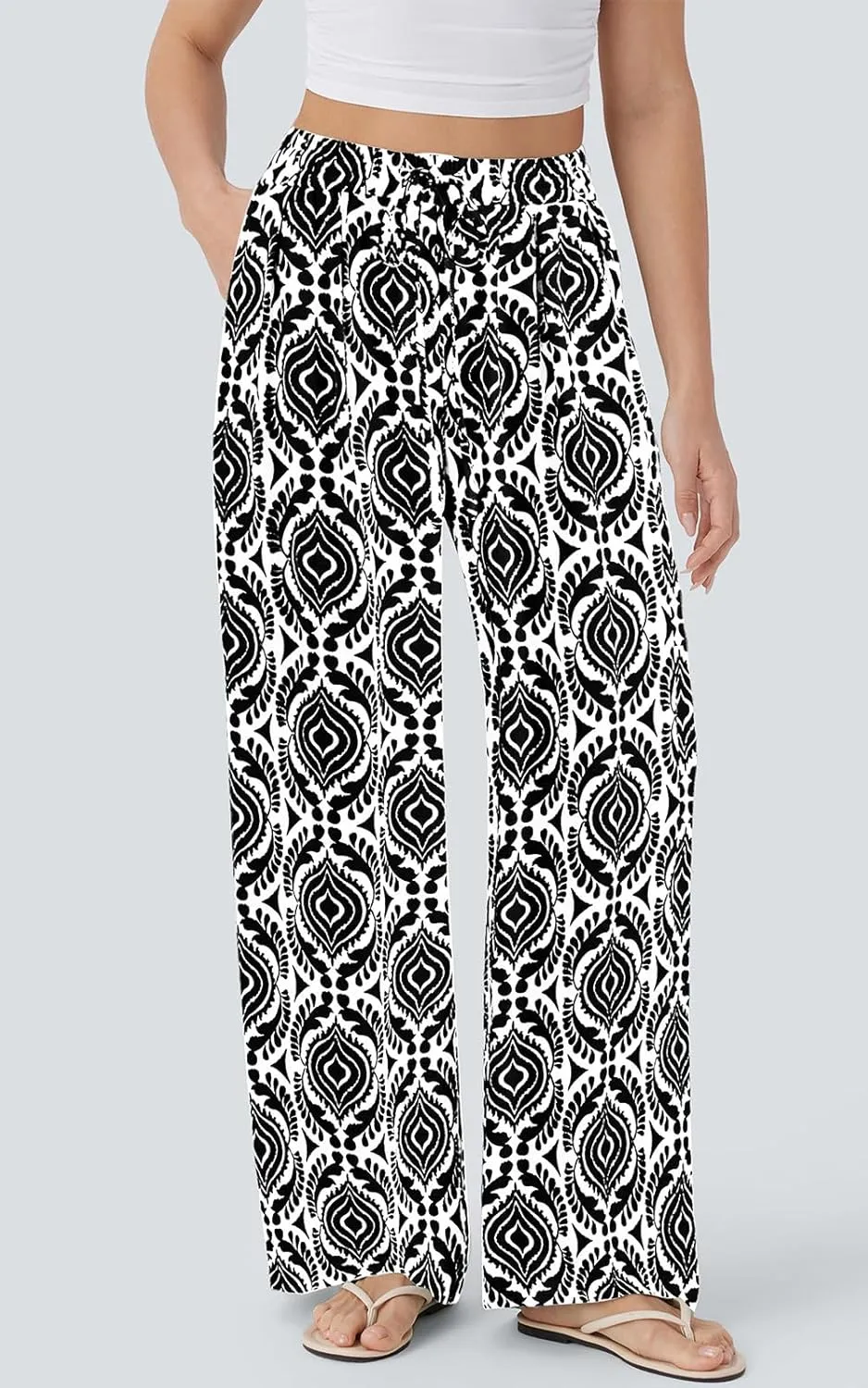 PRETTYGARDEN Womens Pants Elastic Waist Floral Lightweight Palazzo Pants for Women Casual Lounge Wide Leg Pants Woman