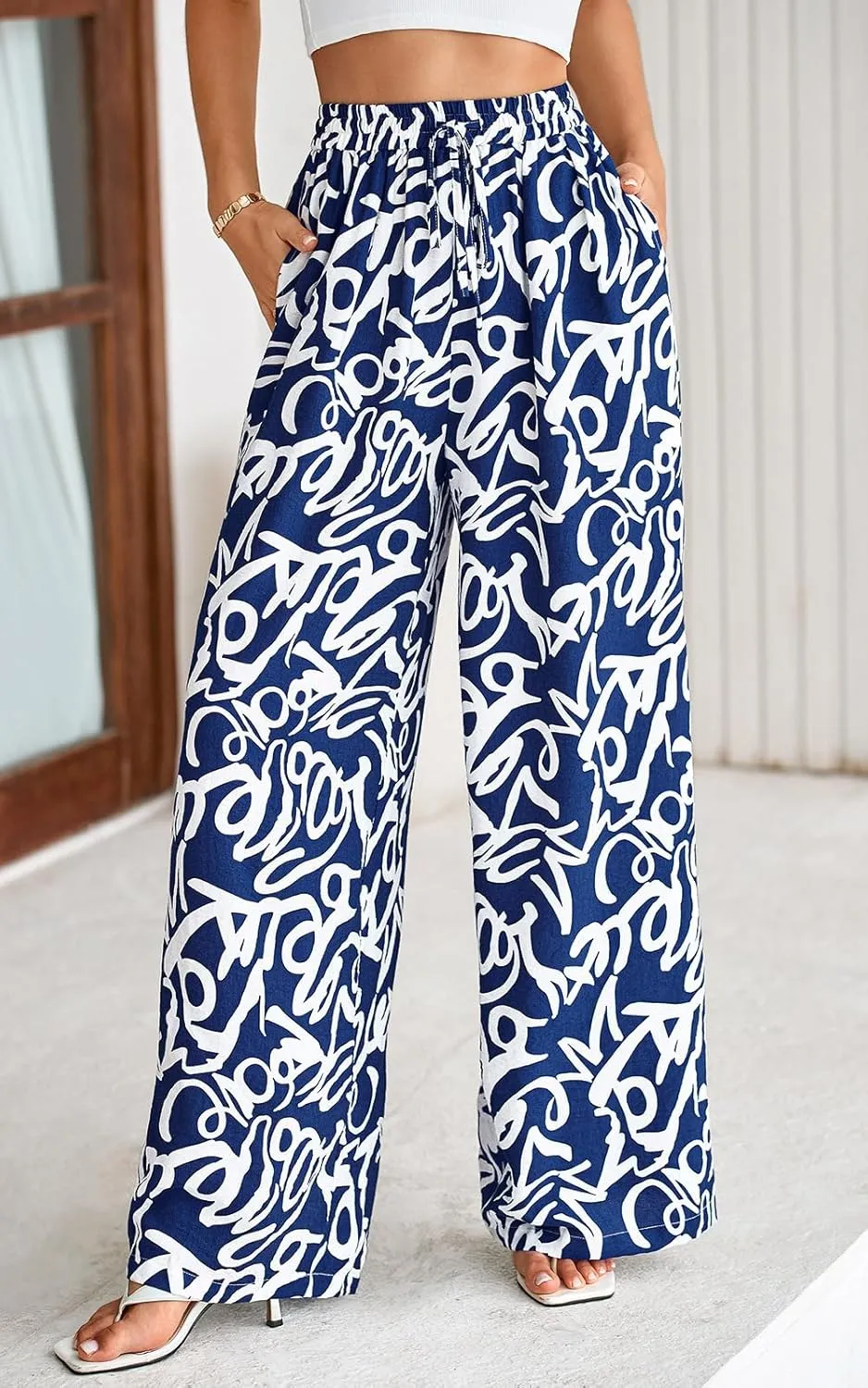 PRETTYGARDEN Womens Pants Elastic Waist Floral Lightweight Palazzo Pants for Women Casual Lounge Wide Leg Pants Woman