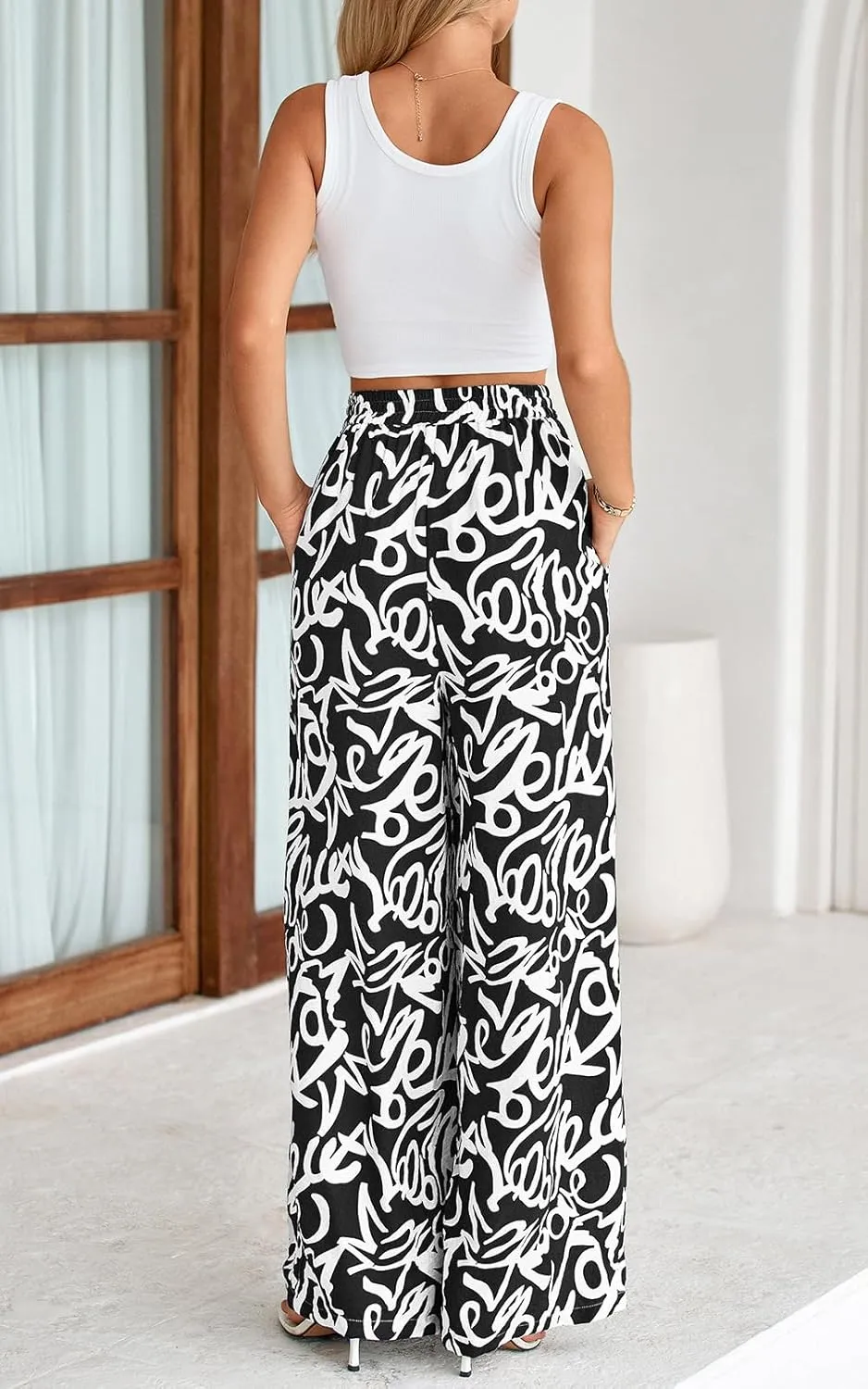 PRETTYGARDEN Womens Pants Elastic Waist Floral Lightweight Palazzo Pants for Women Casual Lounge Wide Leg Pants Woman