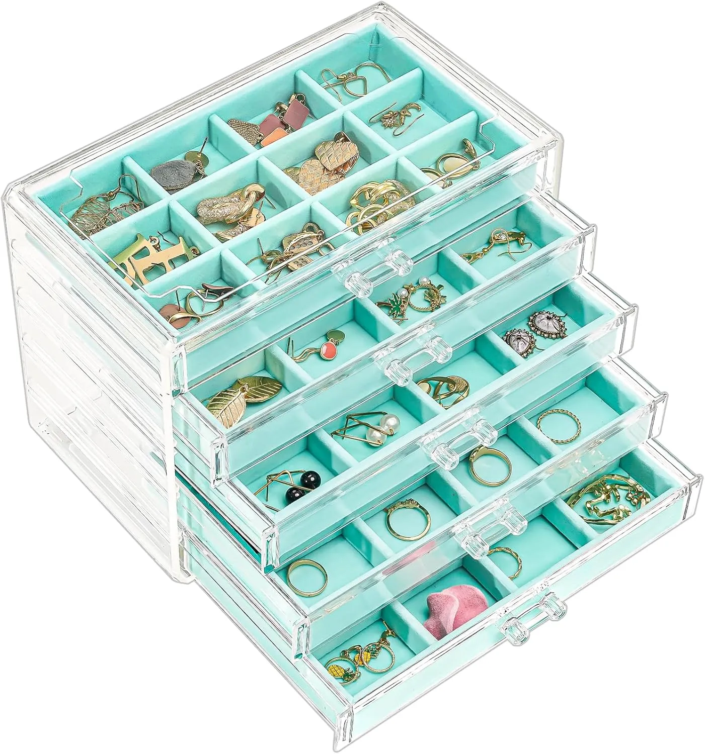 ProCase Earring Holder Organizer Jewelry Box with 5 Drawers, Acrylic Clear Earring Case with Adjustable Velvet Trays for Women - Aqua, 5 Layers