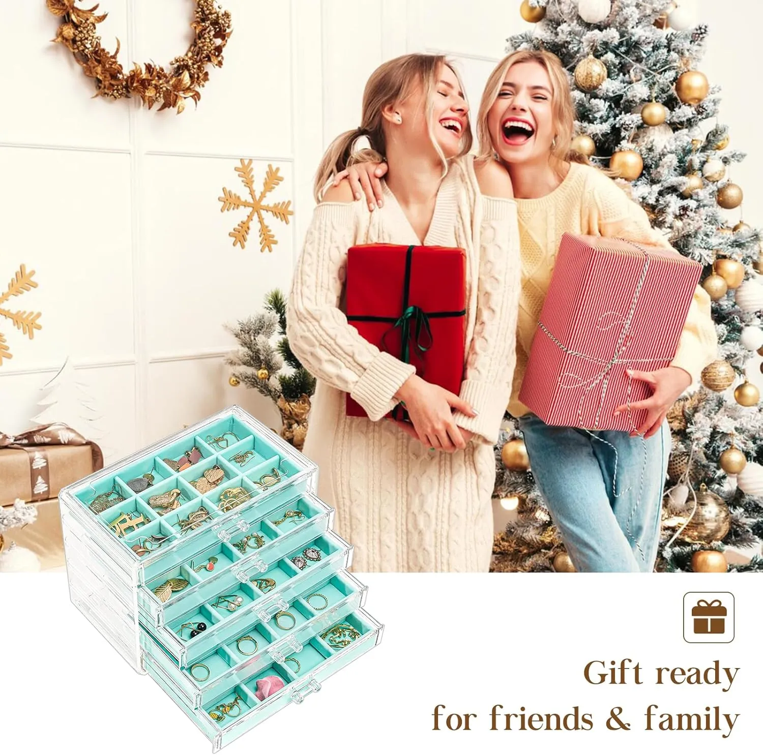 ProCase Earring Holder Organizer Jewelry Box with 5 Drawers, Acrylic Clear Earring Case with Adjustable Velvet Trays for Women - Aqua, 5 Layers