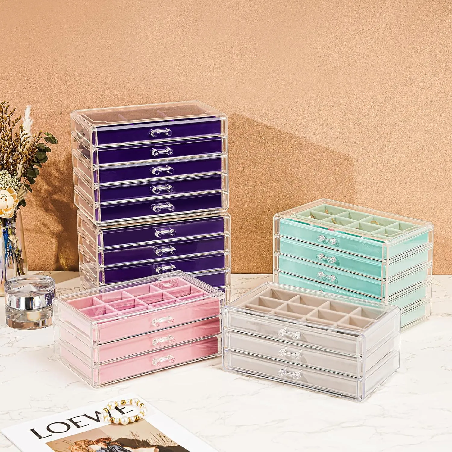 ProCase Earring Holder Organizer Jewelry Box with 5 Drawers, Acrylic Clear Earring Case with Adjustable Velvet Trays for Women - Aqua, 5 Layers