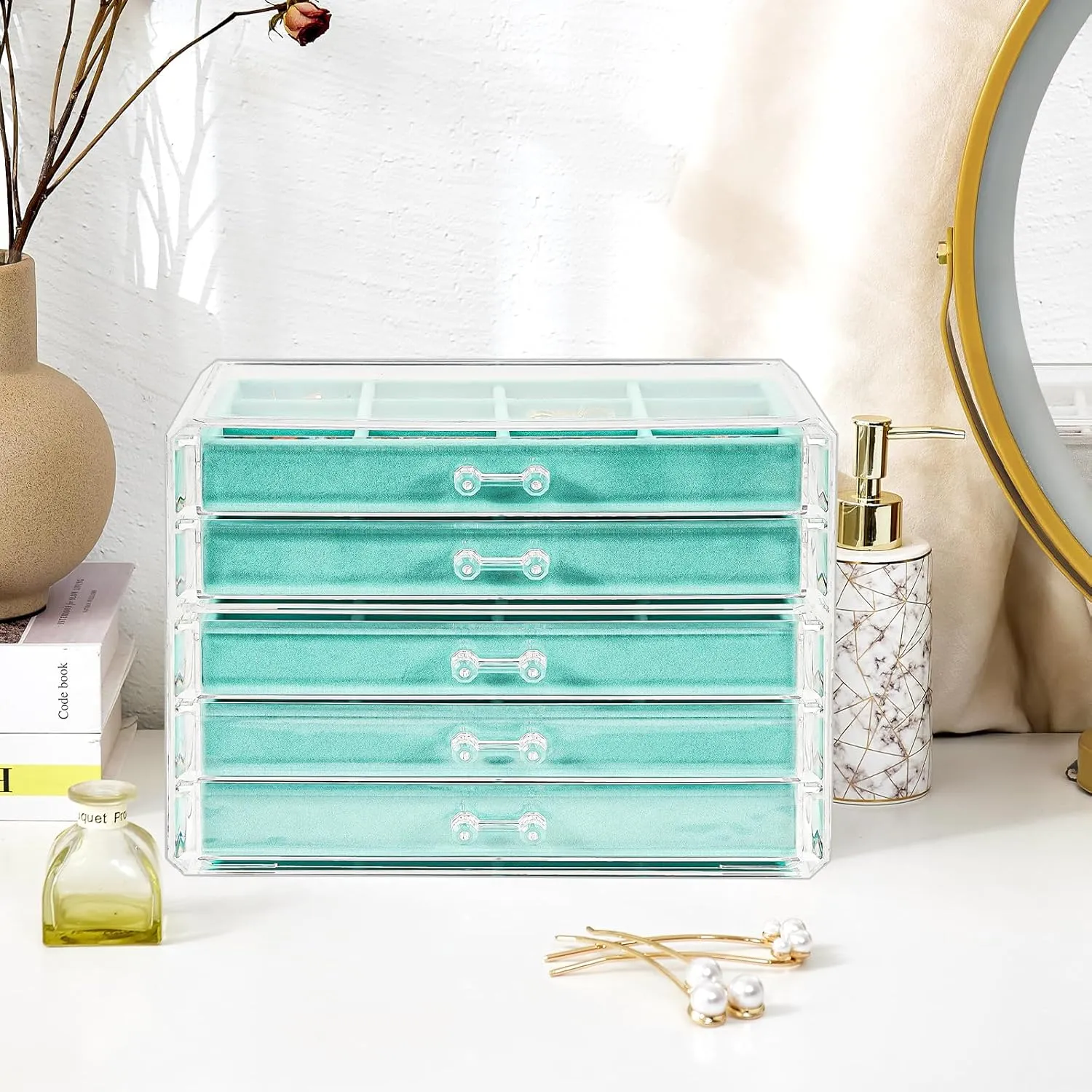 ProCase Earring Holder Organizer Jewelry Box with 5 Drawers, Acrylic Clear Earring Case with Adjustable Velvet Trays for Women - Aqua, 5 Layers