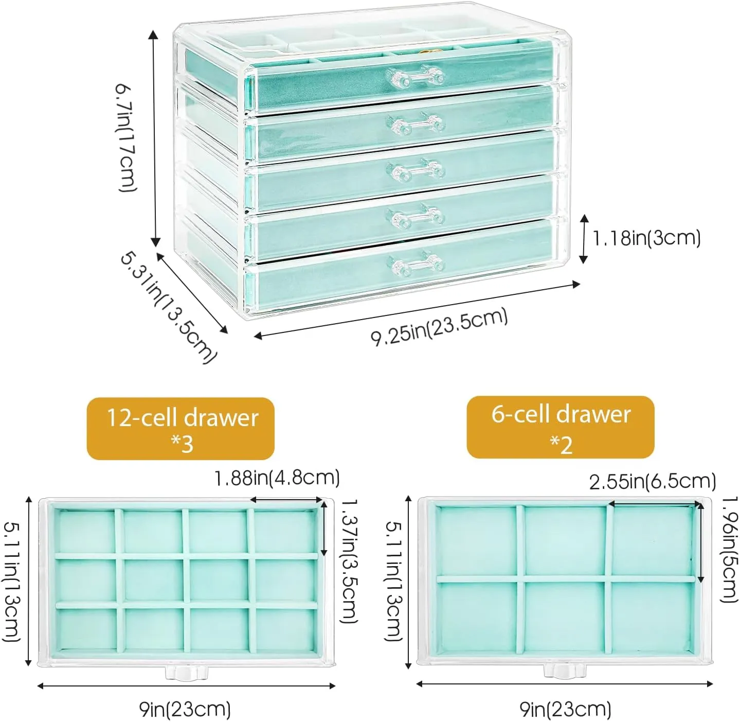ProCase Earring Holder Organizer Jewelry Box with 5 Drawers, Acrylic Clear Earring Case with Adjustable Velvet Trays for Women - Aqua, 5 Layers