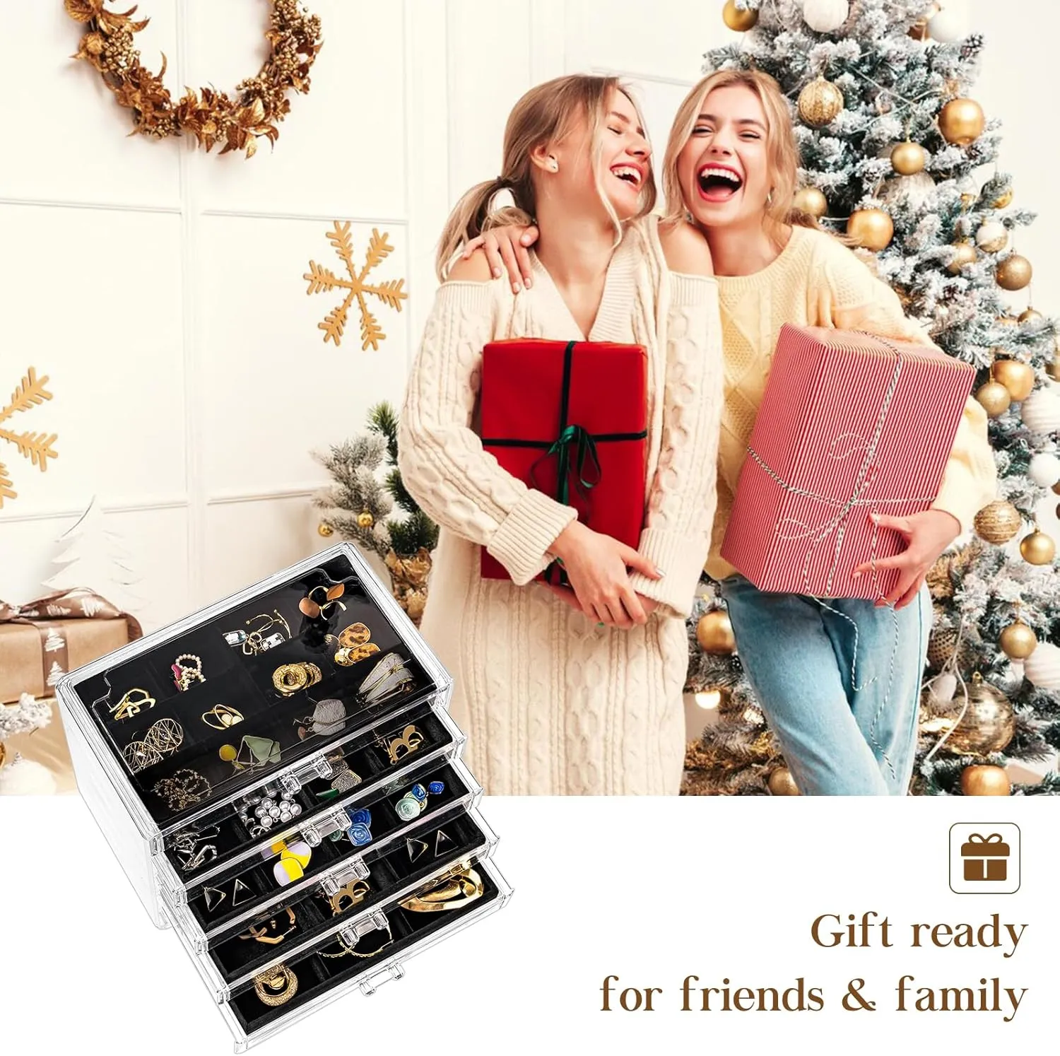 ProCase Earring Holder Organizer Jewelry Box with 5 Drawers, Acrylic Clear Earring Case with Adjustable Velvet Trays for Women - Black, 5 Layers