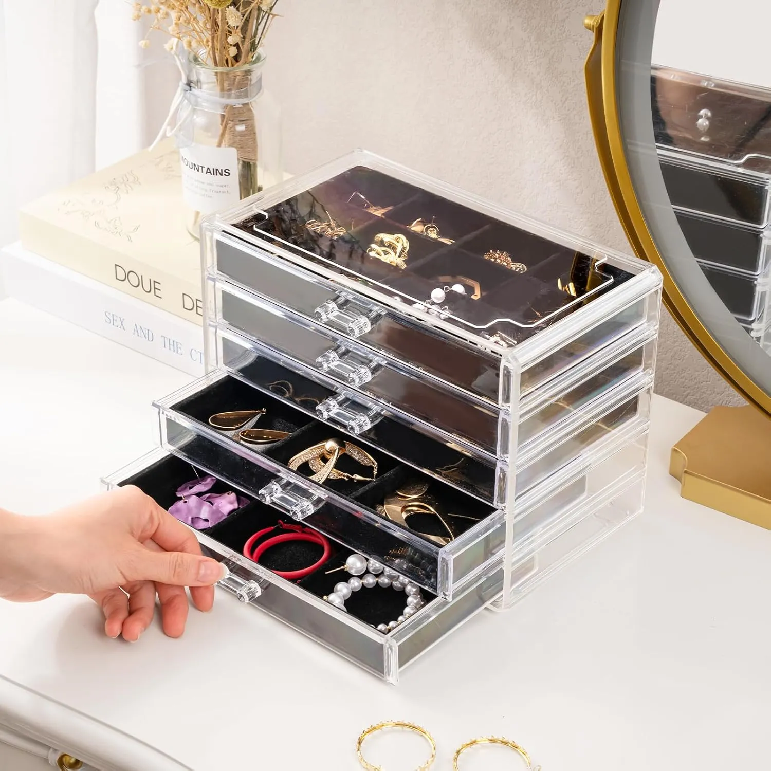 ProCase Earring Holder Organizer Jewelry Box with 5 Drawers, Acrylic Clear Earring Case with Adjustable Velvet Trays for Women - Black, 5 Layers