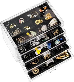 ProCase Earring Holder Organizer Jewelry Box with 5 Drawers, Acrylic Clear Earring Case with Adjustable Velvet Trays for Women - Black, 5 Layers