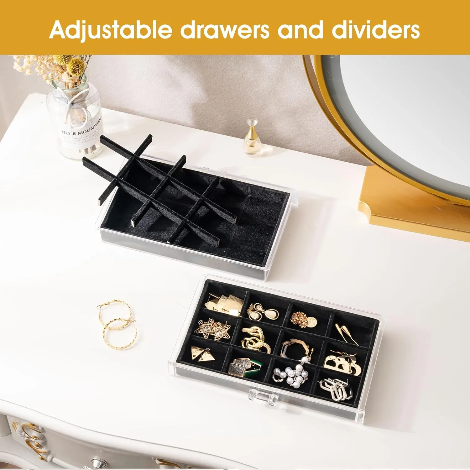 ProCase Earring Holder Organizer Jewelry Box with 5 Drawers, Acrylic Clear Earring Case with Adjustable Velvet Trays for Women - Black, 5 Layers