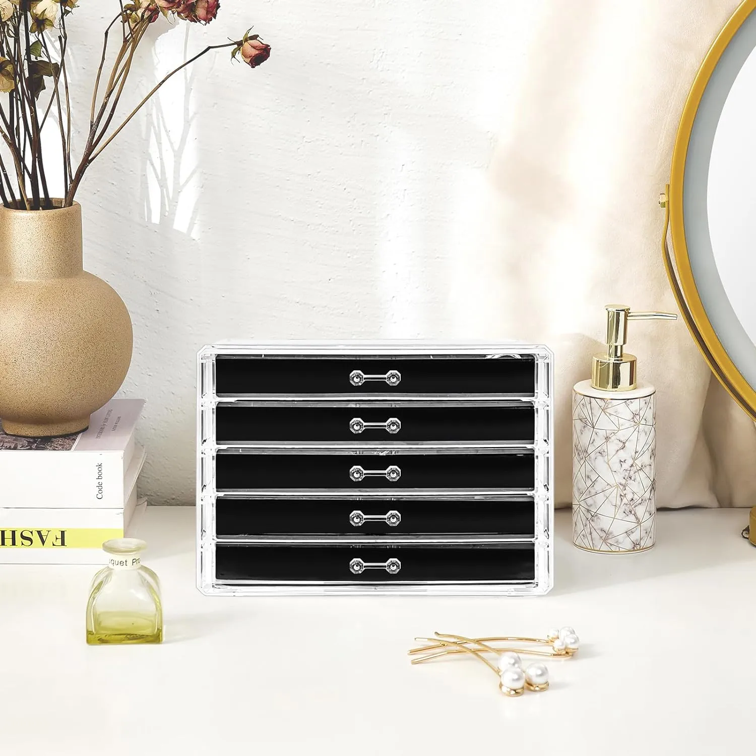 ProCase Earring Holder Organizer Jewelry Box with 5 Drawers, Acrylic Clear Earring Case with Adjustable Velvet Trays for Women - Black, 5 Layers
