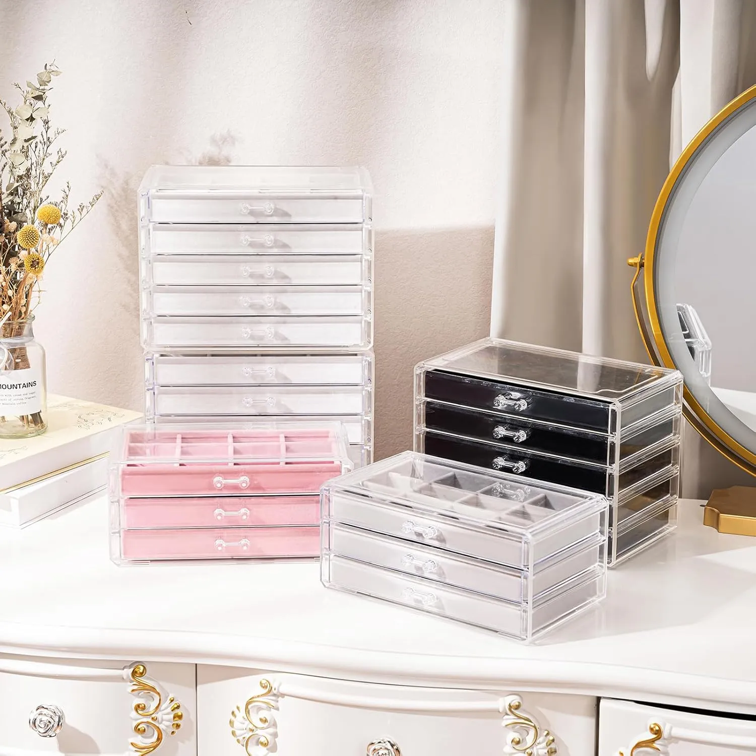 ProCase Earring Holder Organizer Jewelry Box with 5 Drawers, Acrylic Clear Earring Case with Adjustable Velvet Trays for Women - Black, 5 Layers