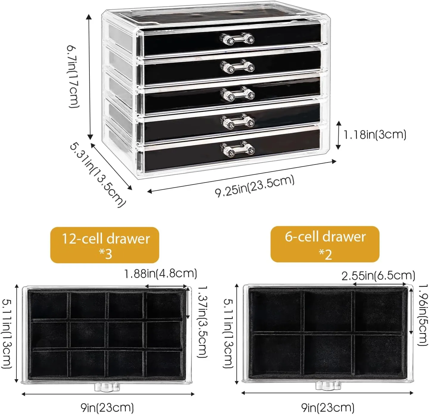 ProCase Earring Holder Organizer Jewelry Box with 5 Drawers, Acrylic Clear Earring Case with Adjustable Velvet Trays for Women - Black, 5 Layers