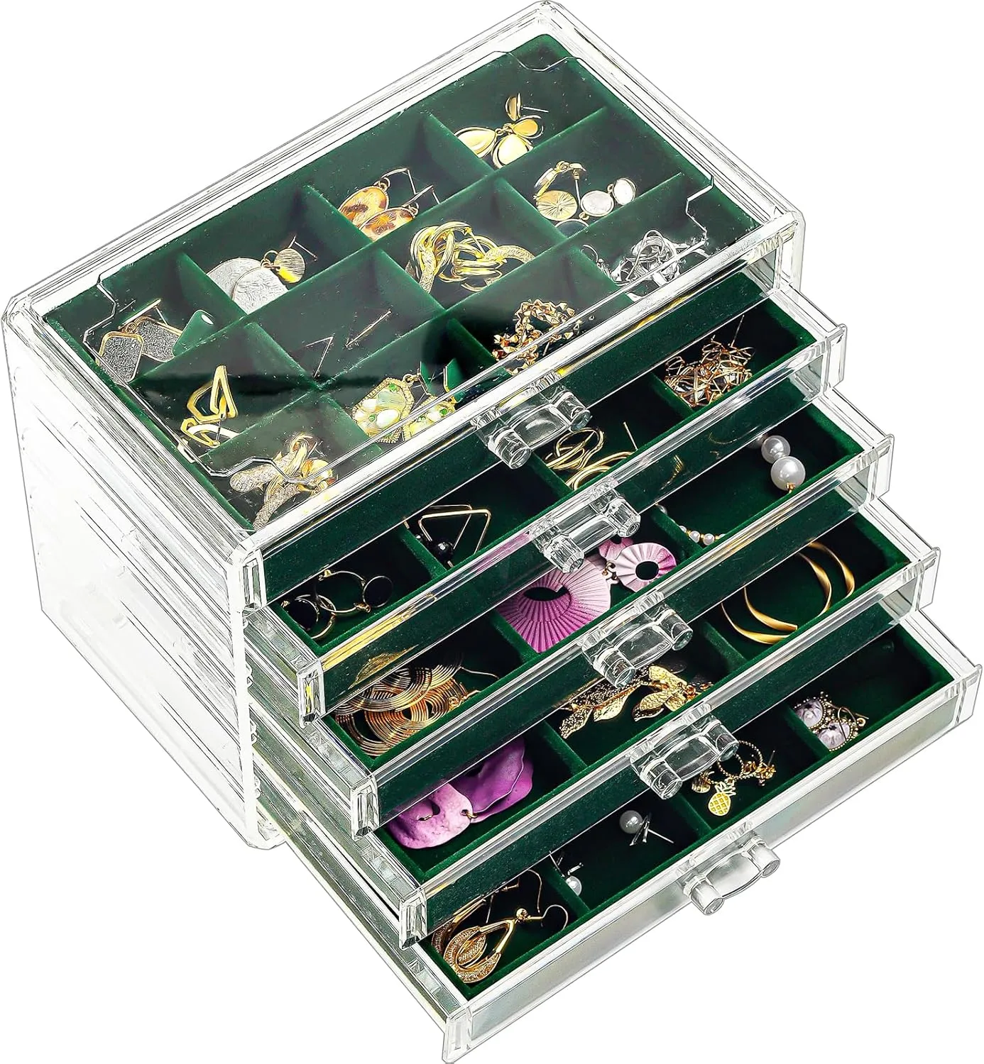 ProCase Earring Holder Organizer Jewelry Box with 5 Drawers, Acrylic Clear Earring Case with Adjustable Velvet Trays for Women - Emerald, 5 Layers