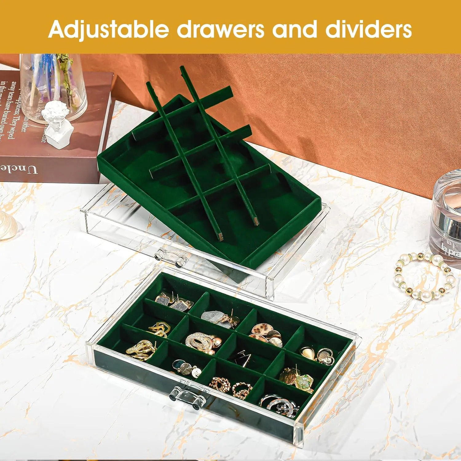 ProCase Earring Holder Organizer Jewelry Box with 5 Drawers, Acrylic Clear Earring Case with Adjustable Velvet Trays for Women - Emerald, 5 Layers