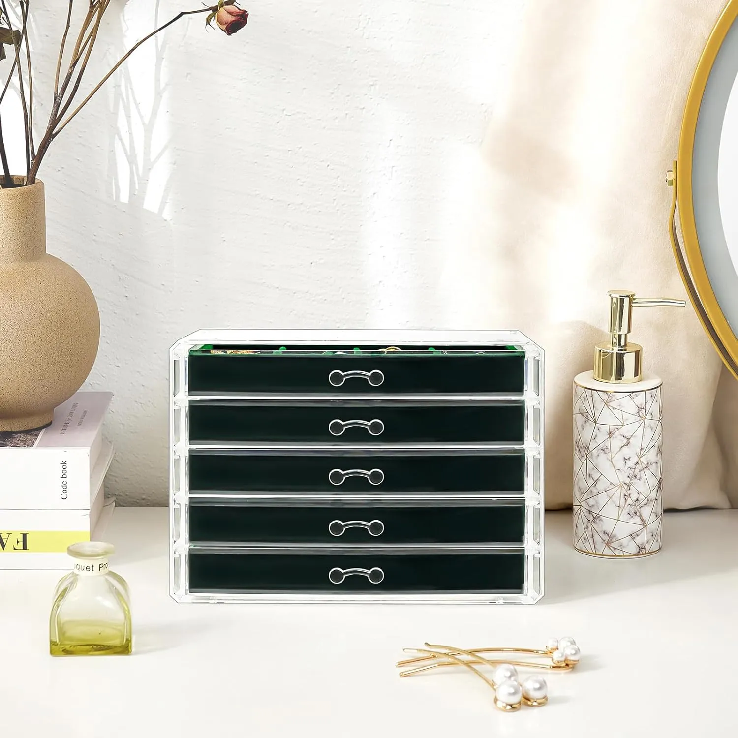 ProCase Earring Holder Organizer Jewelry Box with 5 Drawers, Acrylic Clear Earring Case with Adjustable Velvet Trays for Women - Emerald, 5 Layers
